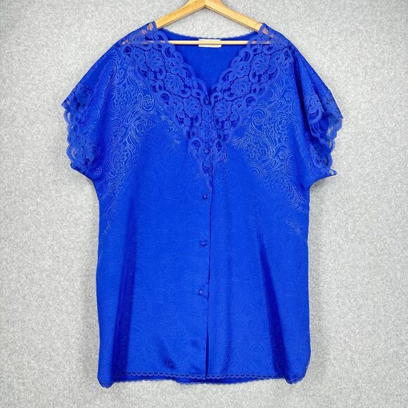 VTG Val Mode Nightgown 2X Purple Floral Lace Short Sleeve Button Front Lingerie - Picture 1 of 13